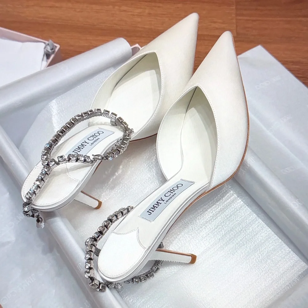 Jimmy Choo White Pointed Toe Slingback Heels with Crystal Embellished Strap